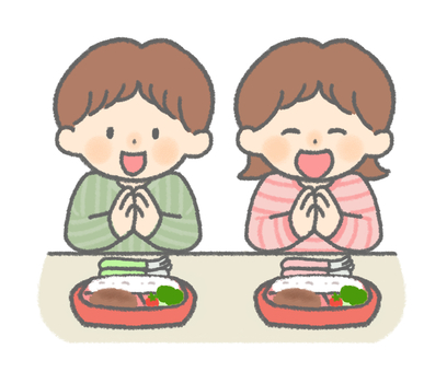 いただきます　男の子女の子　弁当　ランチ 子ども,男の子,女の子,2人,食事,いただきます,笑顔,合掌,お弁当,ランチのイラスト素材