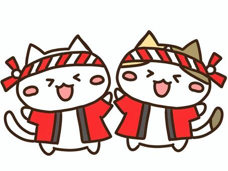 はっぴとはちまきでお祭りを楽しむねこ達 はっぴ,はちまき,ねこ,お祭り,縁日,夏祭り,赤,イベント,行事,かわいいのイラスト素材