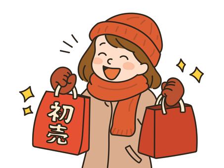 初売りで買い物をする女性のイラスト 正月,元旦,初売,女性,買い物,ショッピング,バーゲン,人物,楽しい,嬉しいのイラスト素材