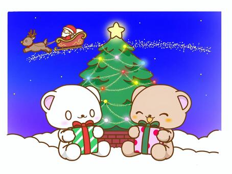 クリスマス クリスマス,くま,動物,プレゼント,サンタクロース,トナカイ,夜空,クリスマスツリー,行事,笑顔のイラスト素材
