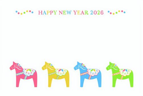2026年の年賀状-北欧風の馬の置物 ダーラナホース,スウェーデン,北欧,民芸品,木彫り,木馬,おしゃれ,カラフル,模様,手描きのイラスト素材