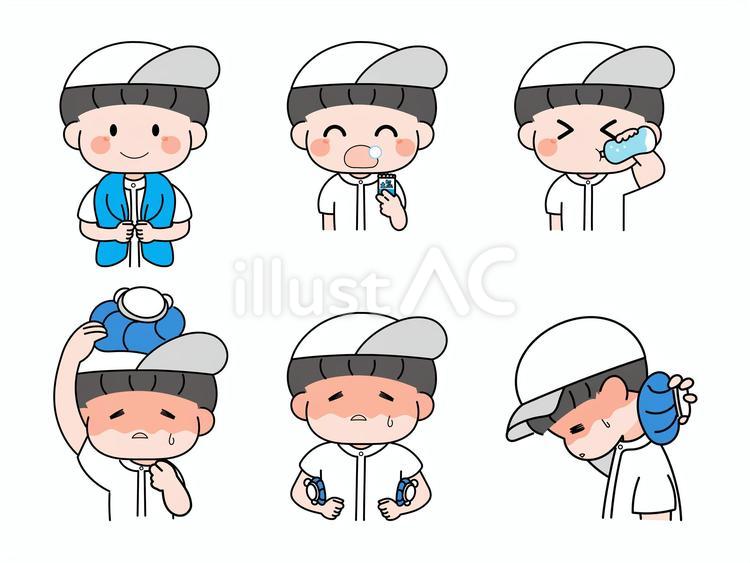 夏　こども　暑さ対策セット 暑い,夏バテ,熱中症のイラスト素材