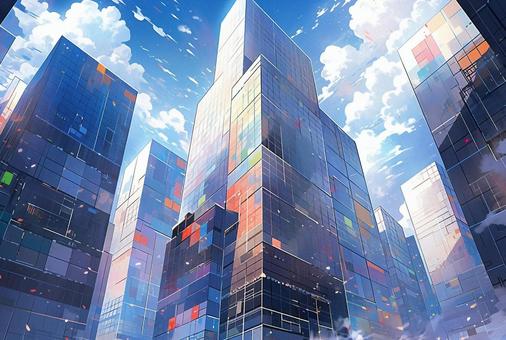 Looking up at colorful skyscrapers, , JPG