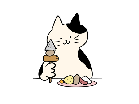 おでんを食べる猫（カラー） 猫,おでん,煮込み,具材,ちくわ,こんにゃく,ウィンナー,はんぺん,じゃがいも,からしのイラスト素材