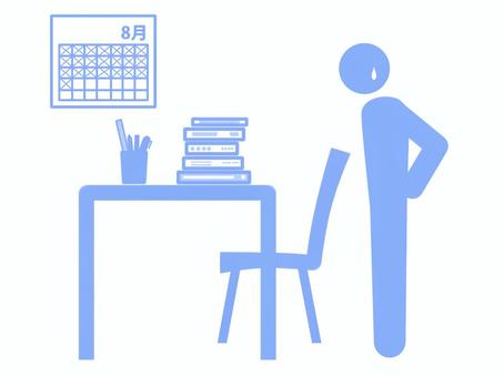 夏休みの宿題が終わらず焦る人（水色） 夏休み,7月,8月,9月,カレンダー,計画表,予定,宿題,課題,休暇のイラスト素材