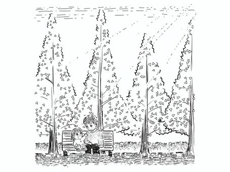 銀杏並木のベンチに座る父子、白黒 銀杏,並木,親子,父子,お父さん,子ども,女の子,ベンチ,座る,話すのイラスト素材