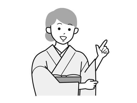 指差しで良い事を話す着物女性A／白黒 指差し,良い,話す,女性,お母さん,着物,講師,20代,30代,40代のイラスト素材