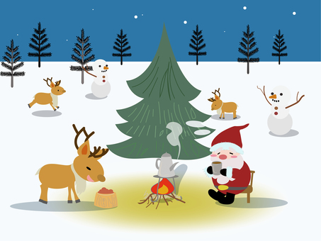 クリスマス前夜 クリスマス,雪,サンタ,トナカイ,雪だるま,もみの木,ホットドリンク,焚き火,癒し,夜空のイラスト素材