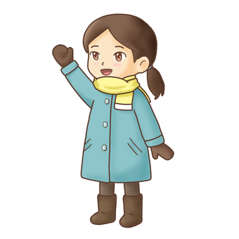 手を振って挨拶する女の子（冬のイラスト） 女の子,子ども,冬,冬服,コート,マフラー,立ちポーズ,あいさつ,おはよう,こんにちはのイラスト素材