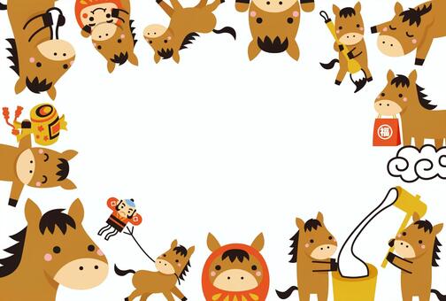 かわいい馬いっぱいのフレーム 午年,年賀状,馬,午,お正月,フレーム,枠,飾り枠,2026年,年賀はがきのイラスト素材