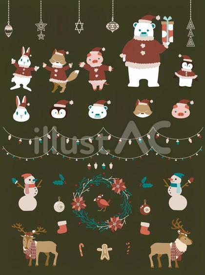 動物サンタさんたちとクリスマス素材セット