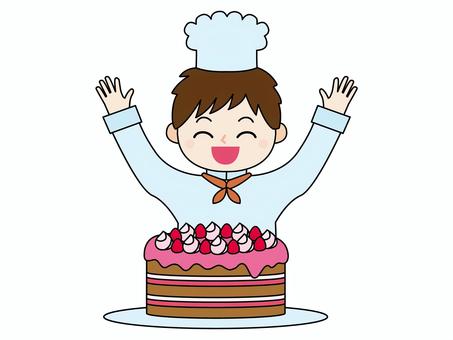 ケーキが完成して嬉しい男の子、線あり 男の子,ケーキ,イチゴ,ストロベリーケーキ,作る,スイーツ,デザート,料理,クッキング,趣味のイラスト素材