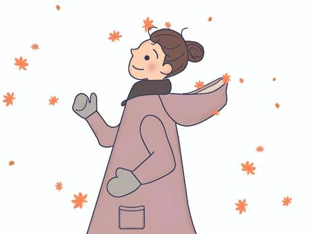 コートの女の子と紅葉 コート,マフラー,防寒着,手袋,紅葉,都会,横顔,横向き,おしゃれ,落ち葉のイラスト素材