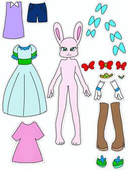 うさぎのペーパードール着せ替えセット うさぎ,ペーパードール,着せ替え,切り取り線付き,カラー,ドレスのイラスト素材