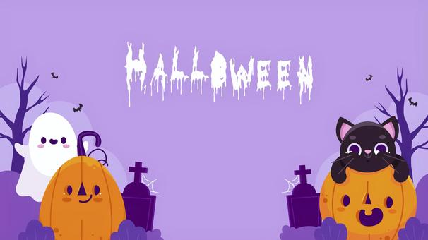 ハロウィン 009 ハロウィン,おばけ,カボチャ,黒猫,かわいい,紫,コウモリ,お墓,スプーキー,イラストのイラスト素材