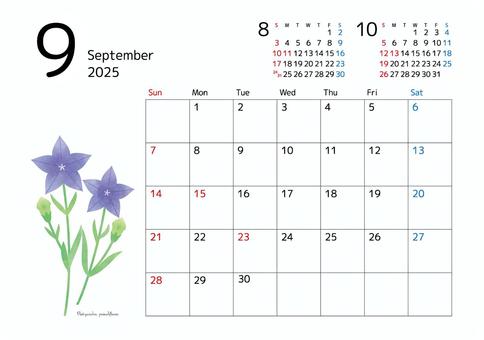 2025年9月カレンダー 桔梗 カレンダー,9月,2025,スケジュール,月間,前月,次月,余白,シンプル,イラストのイラスト素材