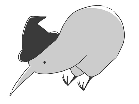 魔女帽子のキウイバード（モノクロ） キウイ,鳥,手描き,シンプル,ニュージーランド,かわいい,飛べない鳥,モノクロ,魔女帽子のイラスト素材