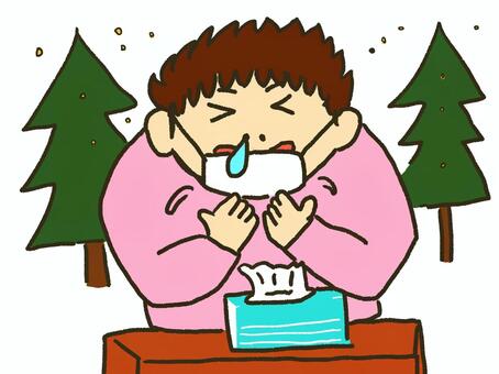 花粉症 花粉症,男性,人物,花粉,木,鼻水,くしゃみ,マスク,ティッシュ,アレルギーのイラスト素材