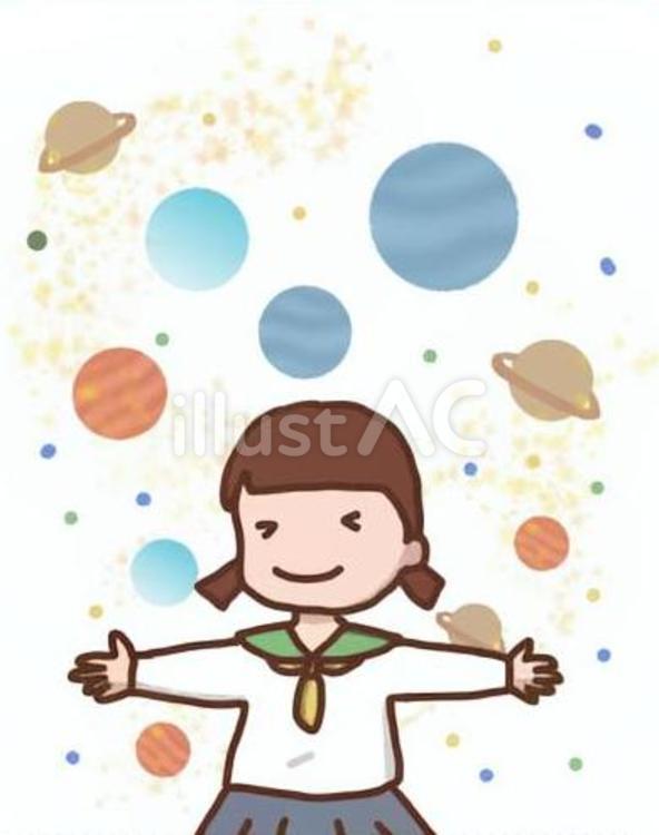 宇宙の惑星と、セーラー服のかわいい女の子 宇宙,惑星,手を広げるのイラスト素材