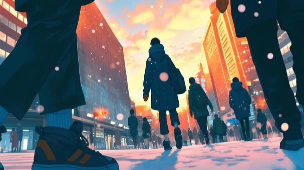 冬の都市の帰路 冬の都市の帰路 都市,冬,夕焼けのイラスト素材