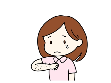 濃いムダ毛を見て泣いている女性 ムダ毛,腕,嫌,嫌気,うんざり,悲しい,濃い,ボーボー,女性,若いのイラスト素材