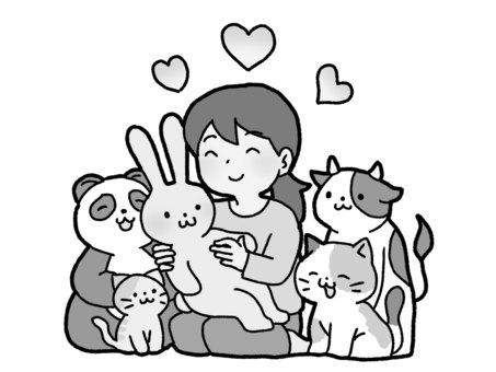 ぬいぐるみコレクター【グレースケール】 ぬいぐるみ,動物,コレクター,コレクション,女性,ハート,幸せ,グレースケールのイラスト素材