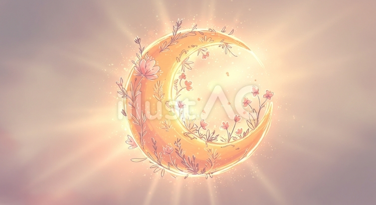 黄金に輝く、花咲く幻想の三日月 三日月,黄金,幻想的のイラスト素材