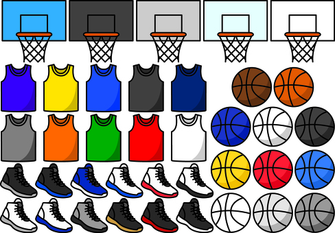 バスケットボールで使うアイテムです。 バスケットボール,シンプル,ボール,シューズ,ユニフォーム,ゴール,スポーツ,クラブ,部活,練習用のイラスト素材