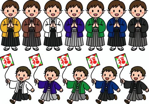 羽織袴の子供たちです。 羽織,袴,男の子,シンプル,和装,和服,成人式,卒業式,凧あげ,コスチュームのイラスト素材