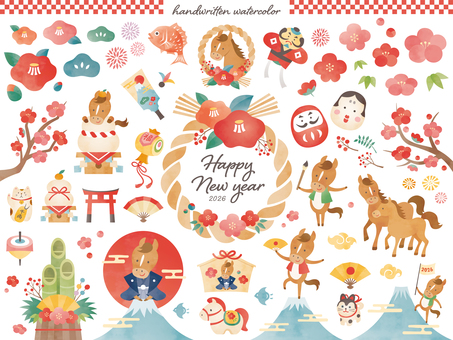 2026年午年年賀状と正月イラスト水彩風 午年,年賀状,馬,午,正月,手描き,水彩,フレーム,2026年,2026のイラスト素材