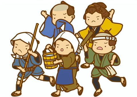 打ちこわし-4c 打ちこわし-4c 打ちこわし,米騒動,江戸,時代劇,暴動,町民,着物,髷,ほっかむり,姉さま被りのイラスト素材