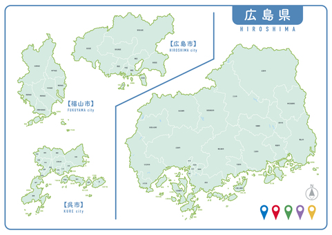 広島県 市町村マップ  広島県,地図,日本,市町村,マップ,エリア,区分,広島市,呉市,竹原市のイラスト素材