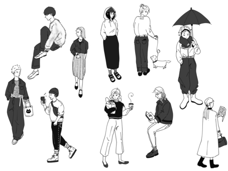 おしゃれ人物イラスト線画まとめ | 生活 おしゃれ人物イラスト線画まとめ | 生活 キレイ,可愛い,オシャレ,生活,ライフスタイル,人物,ナチュラル,歩く,買い物,スマホのイラスト素材