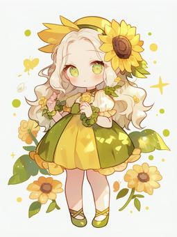 ひまわりモチーフの服装をした女の子