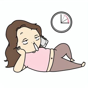 ぐうたら女子　長電話　時計 くつろぐ,長電話,休む,休息,寝転ぶ,横たわる,主婦,ダラダラ,電話,時計のイラスト素材