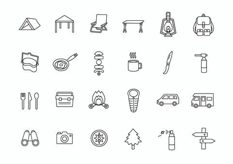 モノクロのキャンプアイコンセット アイコン,キャンプ,観光,旅行,セット,行楽,レジャー,テント,タープ,アウトドアのイラスト素材