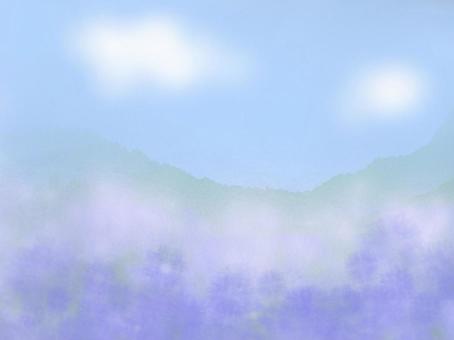 青空と山、紫の花畑 空,山,花,雲,青,紫,白,景色,ぼかし,爽やかのイラスト素材