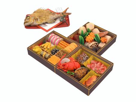 お正月や元旦の縁起物のおせち料理と祝鯛 おせち,お正月,祝鯛,料理,お重,縁起物,食品,食事のイラスト素材