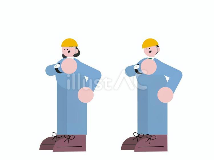 腕時計を見る作業服の男女セット おしゃれ,かわいい,人物のイラスト素材