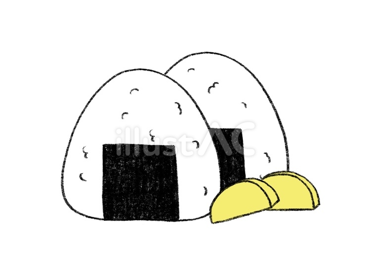 シンプルな二個のおにぎりとたくあん二つ おにぎり,おむすび,お弁当のイラスト素材