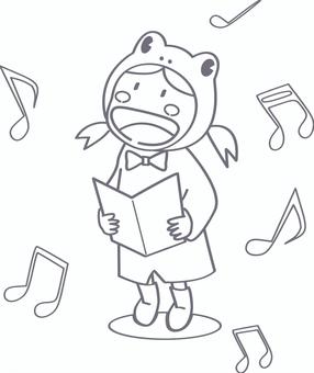 かえるの歌_こども(ソロ)線画 こども,おんなの子,音楽,歌,コーラス,カエル,コスプレ,音符,歌声,メルヘンのイラスト素材