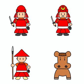戦国武士達のゆるキャラ 戦士,兵士,戦闘員,軍人,武人,武者,兵隊,兵卒,武将,戦争のイラスト素材