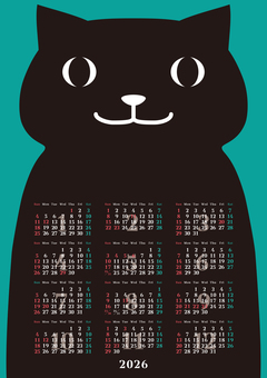 2026年年間カレンダー　黒猫 カレンダー,年間,１月,２月,３月,４月,５月,６月,７月,８月のイラスト素材