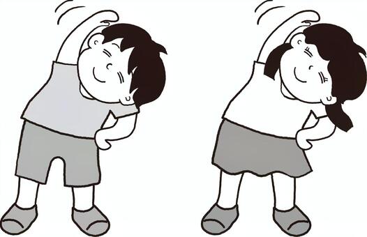 モノクロのラジオ体操をする子供 ラジオ体操,子供,モノクロ,グレースケール,白黒,体操,運動,ストレッチ,健康,夏休みのイラスト素材