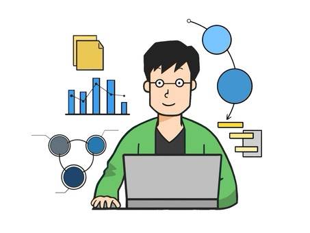 パソコンでお仕事をするプログラマー プログラマー,プログラミング,プログラム,働く,会社員,男性,笑顔,正社員,職業,パソコンのイラスト素材