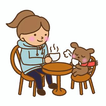 犬とカフェ 犬,女の子,カフェ,冬,一休み,休憩,カフェタイムのイラスト素材