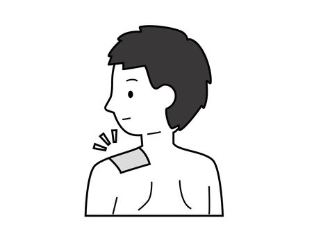 湿布を肩に貼った男性のイラスト、モノクロ 湿布,健康,肩こり,人物,男性,大人,上半身,後ろ,背中,ケガのイラスト素材