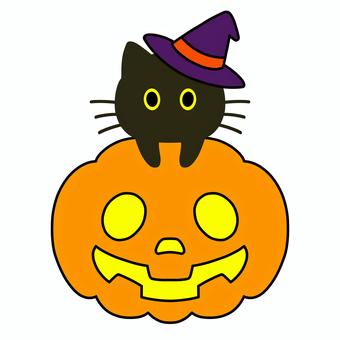ハロウィンかぼちゃと黒猫 10月,10月31日,秋,季節,ハロウィン,イベント,祭り,ジャックオランタン,カボチャ,パンプキンのイラスト素材