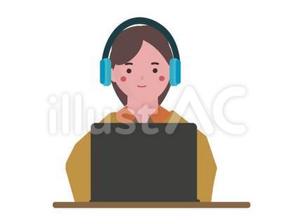 ヘッドフォンを付けてパソコンをする女性