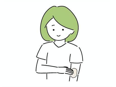 日焼け止めを塗っている女性 日焼け止め,日差し,女性,緑,簡単,かわいい,シンプル,ボブ,半袖,暑いのイラスト素材